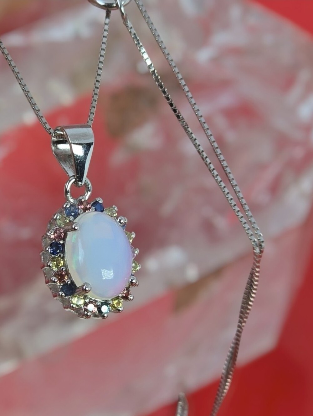 925 Sterling Silver Necklace 18" with Natural White Opal & Sapphire